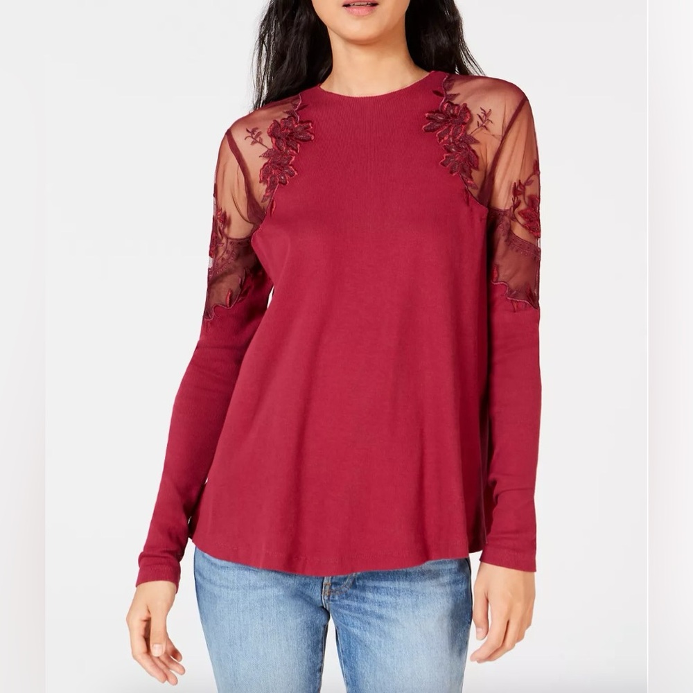 Free People Burgundy Daniella Embroidered Illusion Long Sleeve Ribbed Top